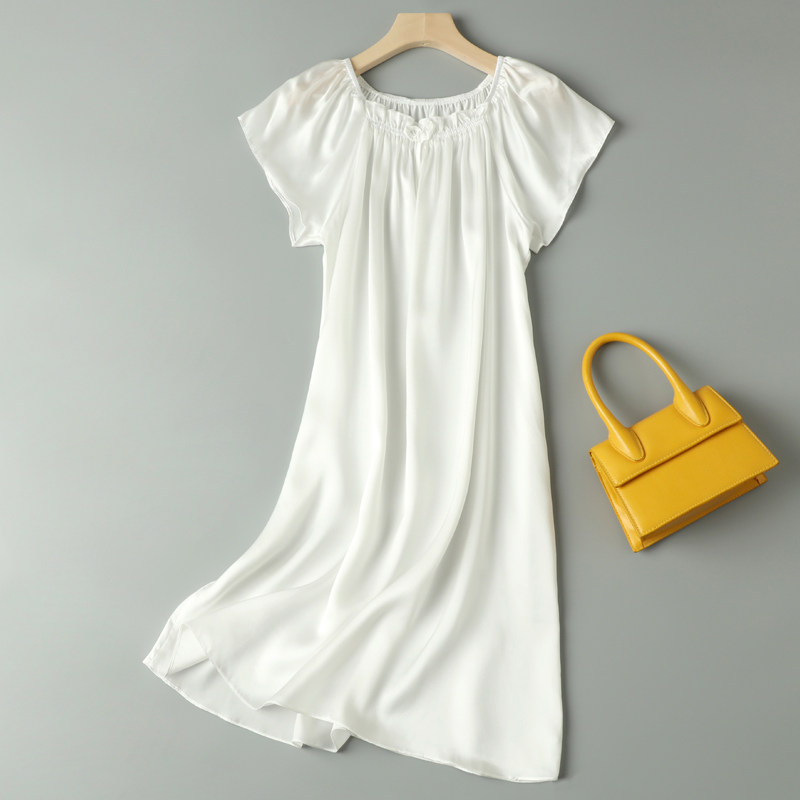 여성을위한 실크 잠옷 여름 느슨한 반팔 중간 길이 잠옷 뽕나무 실크 공주 스위트 스타일 실크 가정 의류