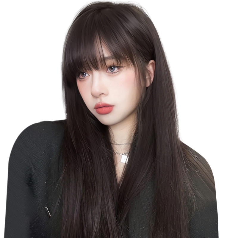 假發(fā)女長發(fā)漫畫齊劉海真發(fā)全真人發(fā)黑長直無痕隱形蕾絲遞針全頭套