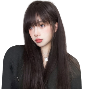 假发女长发漫画齐刘海真发全真人发黑长直无痕隐形蕾丝递针全头套