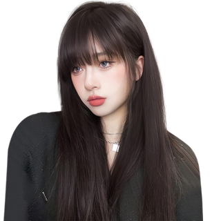 假发女长发漫画齐刘海真发全真人发黑长直无痕隐形蕾丝递针全头套