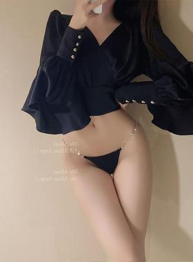 欧美性感内裤钻石纯欲黑色纯棉低腰诱惑金属链条夜店新款丁字T裤