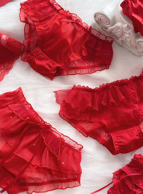 本命年红色内裤女蕾丝纯棉网纱日系性感牛奶丝少女大红三角裤新年