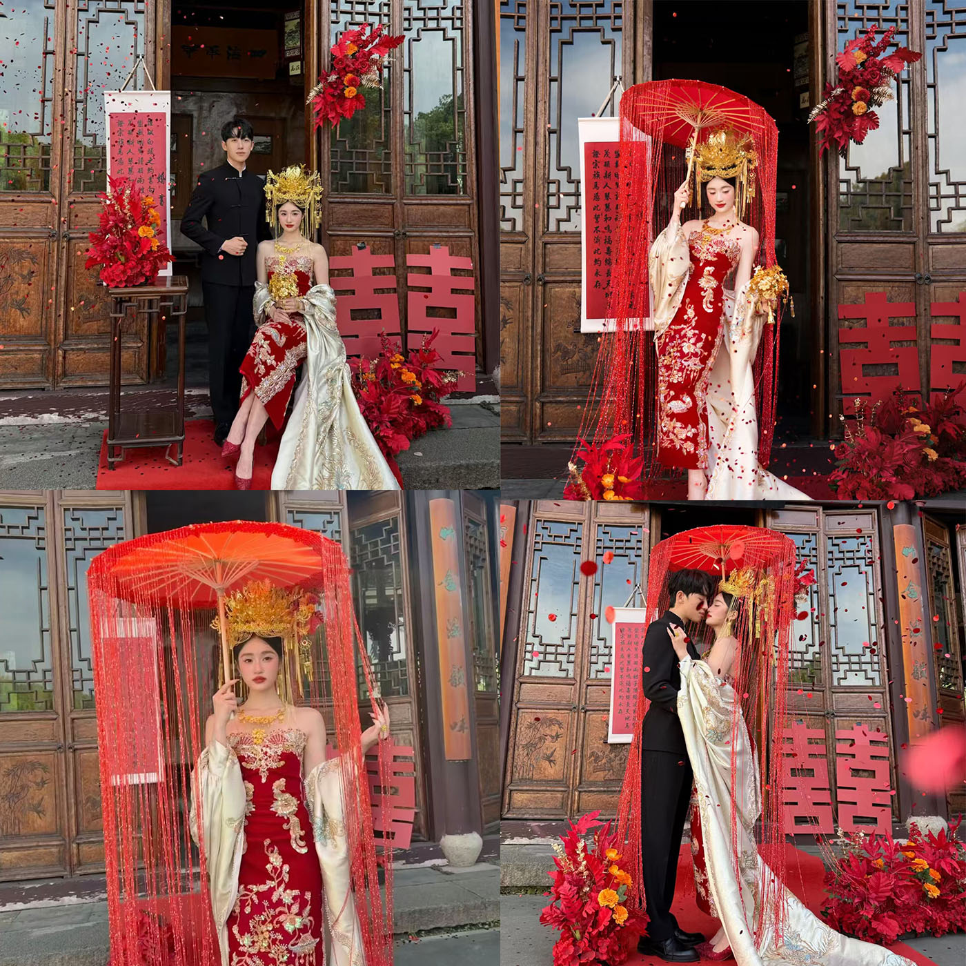 新中式喜嫁古装婚纱摄影道具红色流苏伞大喜字背景拍照红色插花