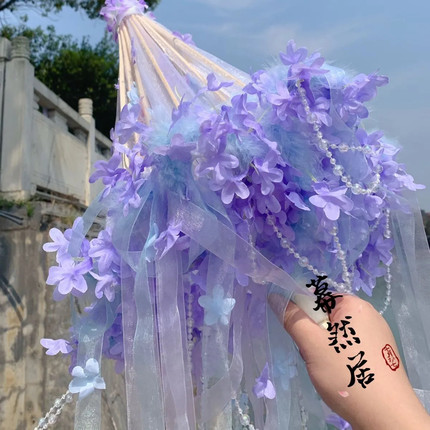 新款古风汉服手持花伞羽毛配饰lolita飘带唯美大气cos伞超仙重工