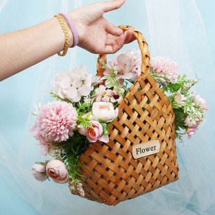 简约唯美手工竹编提篮花影楼拍摄道具竹篮插花花蓝子婚礼提篮摆件