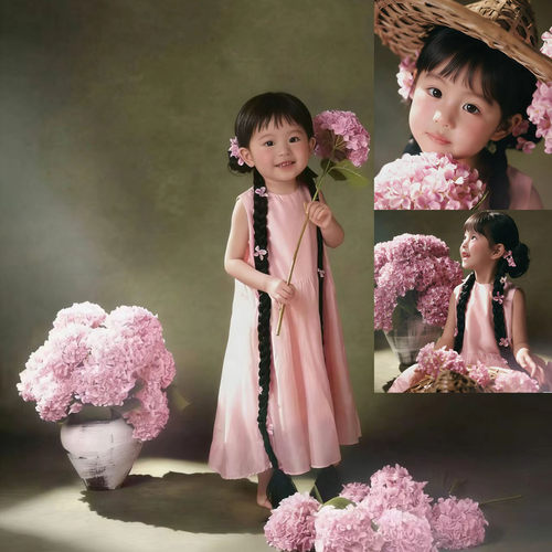 儿童摄影服装国风宝宝粉裙新中式绣球花主题影楼拍照衣服套装道具