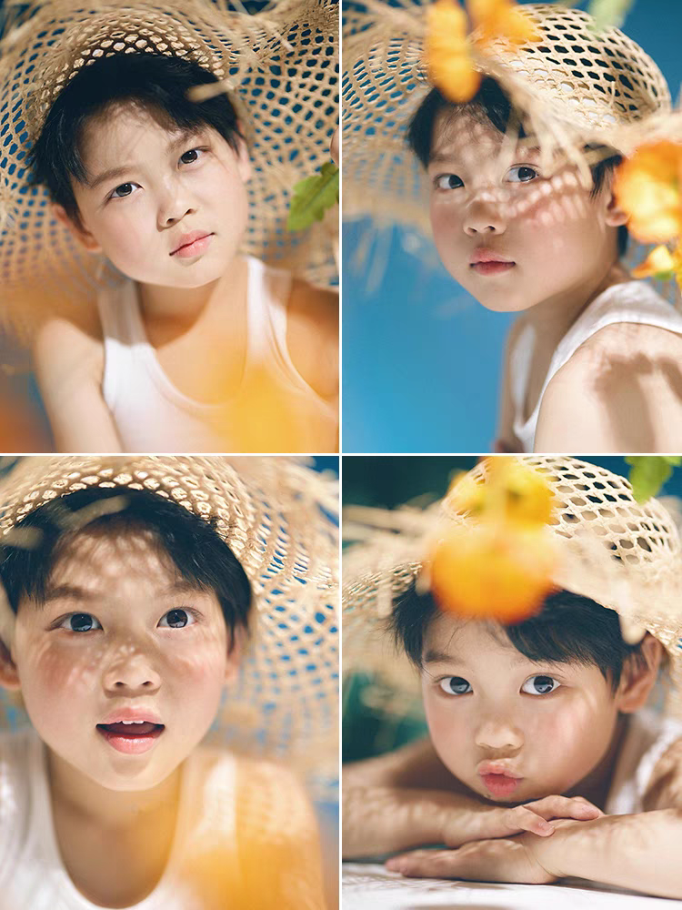儿童摄影服装男童拉菲镂空草帽遮阳帽夏季影楼氛围感肖像拍照写真