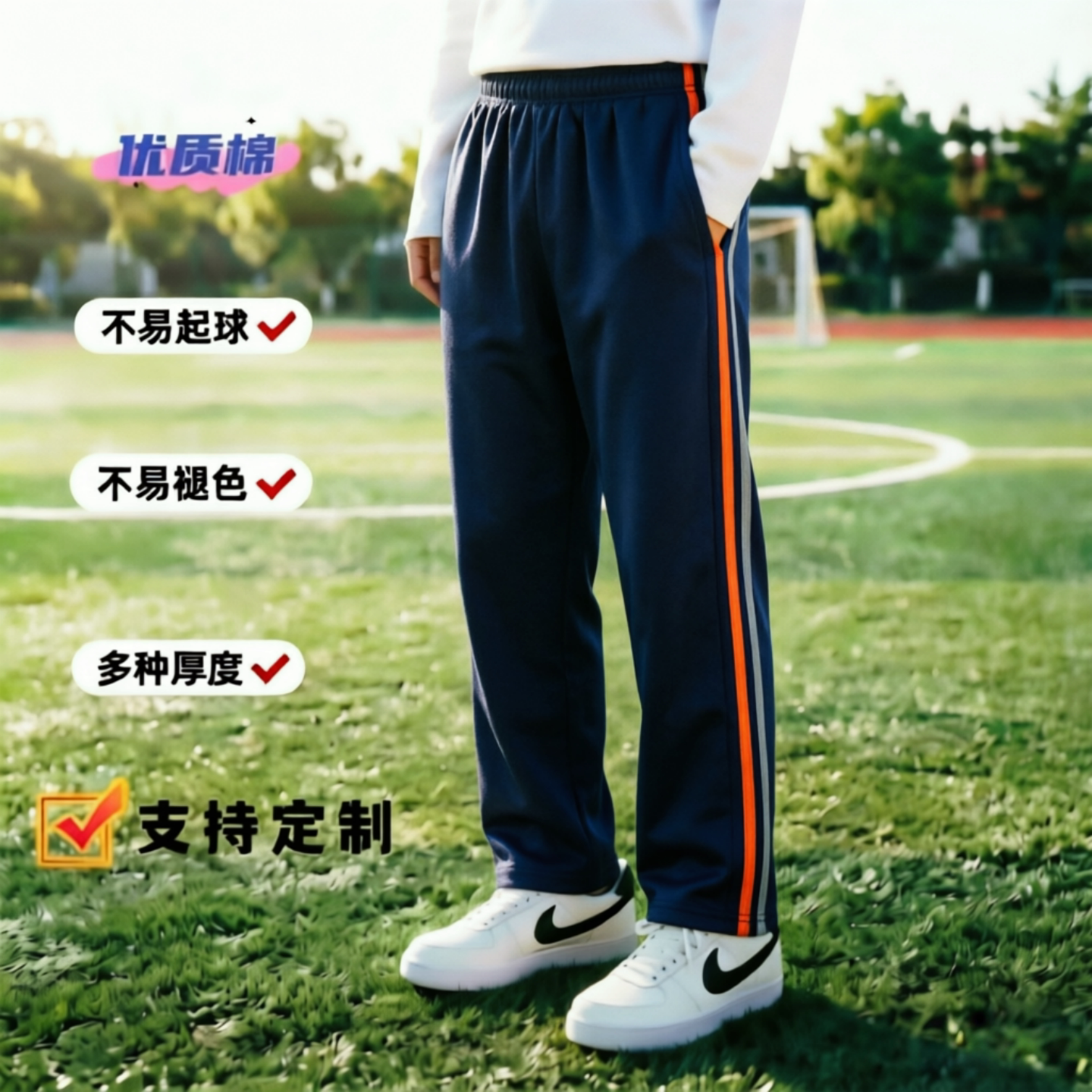 全棉藏青男女学生宽松直筒运动裤