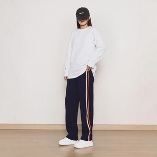 定制嘉一中同款春夏秋季薄款藏青镶白桔杠全棉宽松男女运动校服裤