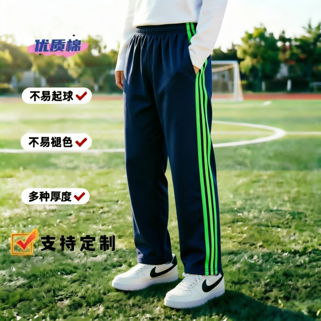 定制藏青全棉春夏果绿杠中小学生成人男女运动宽松高腰校服运动裤