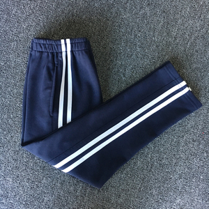 定制春夏秋季薄款深藏青全棉经典白双杠款宽松运动裤男女校服长裤