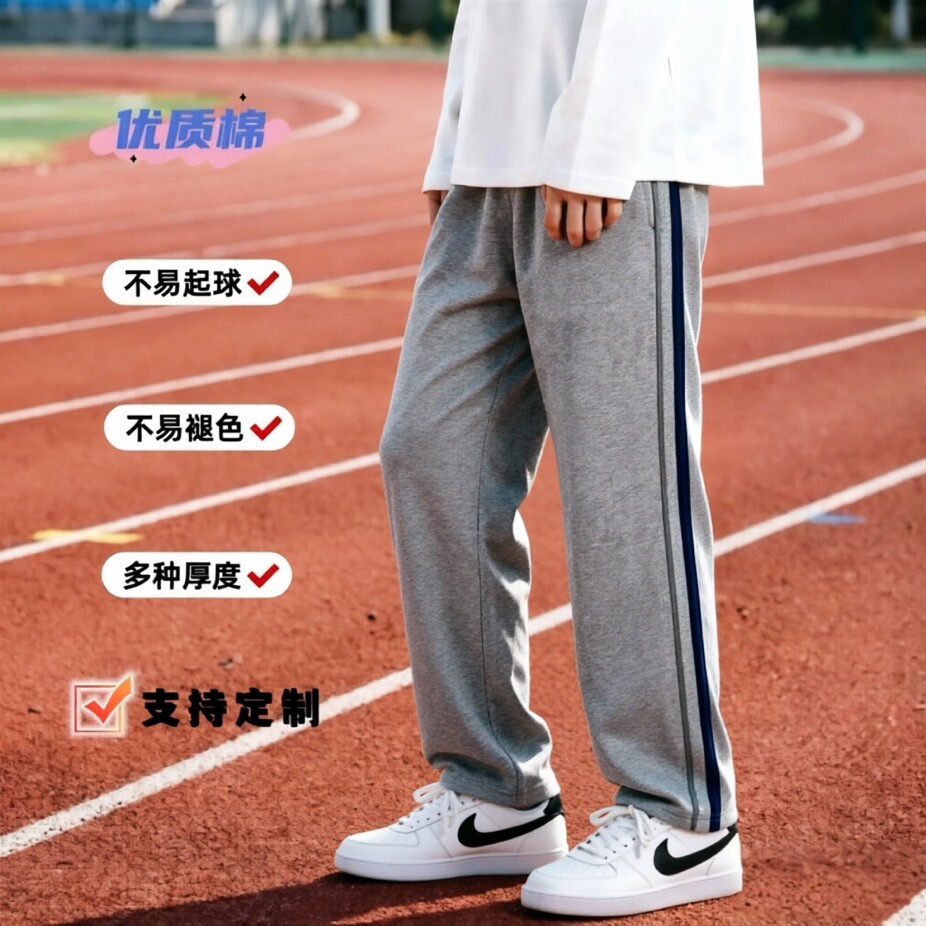 定制全棉春夏秋薄款浅灰镶反光条深藏青男女学生中性校服裤运动裤