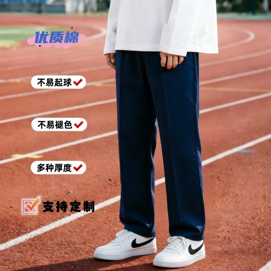 定制春夏秋季全棉长裤深藏青黑色纯色运动裤直筒学生裤校服裤宽松