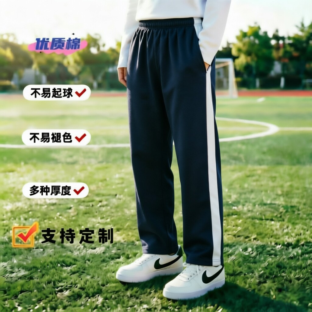 定制藏青全棉春夏秋季白宽边中小学生成人男女宽松高腰运动校服裤