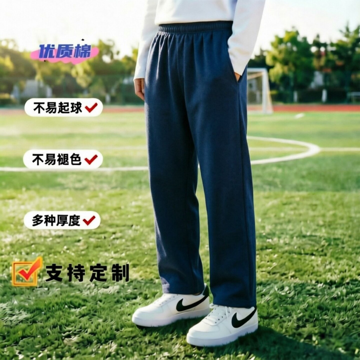 定制春夏秋季全棉长裤深藏青黑色纯色运动裤直筒学生裤校服裤宽松