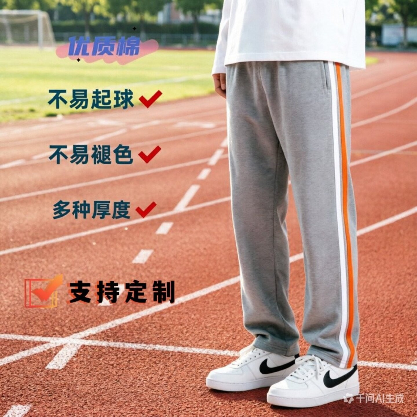 浅灰棉春夏薄款镶白桔杠校服裤图片