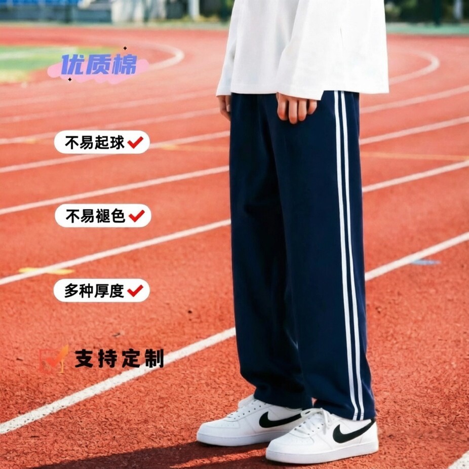 定制春夏秋季全棉学生深藏青2杠白色条杠直筒男女运动校服裤卫裤