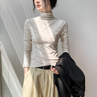 半高领晕染长袖t恤女2025早秋新款修身显瘦正肩内搭打底衫上衣