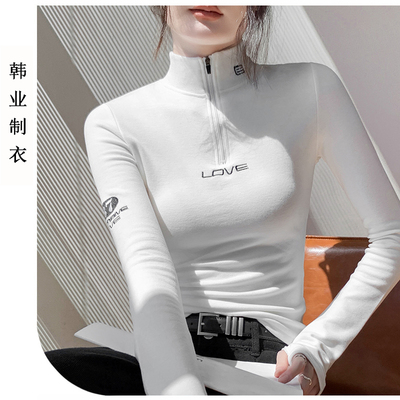 半高领拉链长袖t恤女内搭打底衫