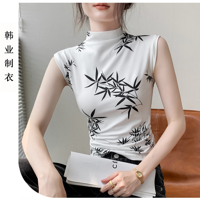 新中式无袖t恤女竹叶印花上衣