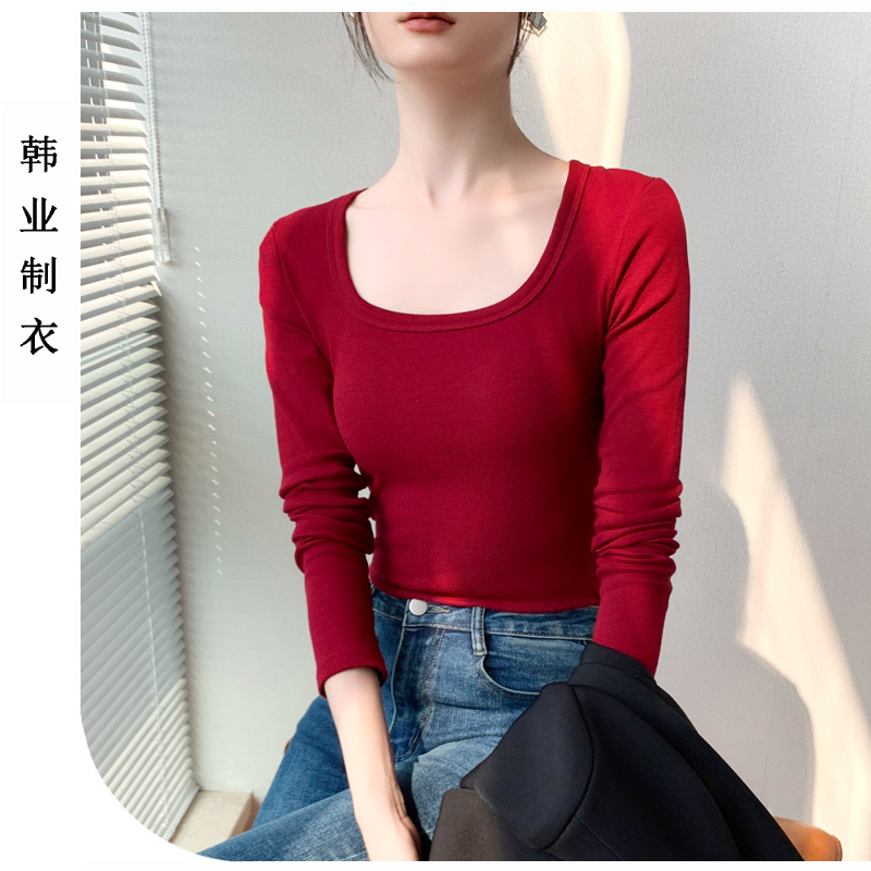 长袖方领纯色纯棉长袖T恤女