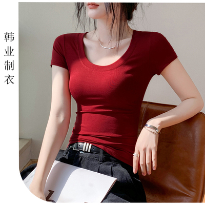 正肩U领莱赛尔短袖T恤女