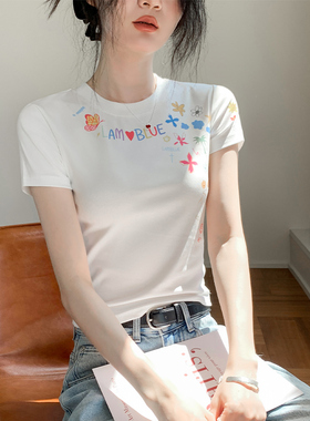美式涂鸦风短袖T恤女2026夏新款白色圆领修身显瘦百搭设计感上衣