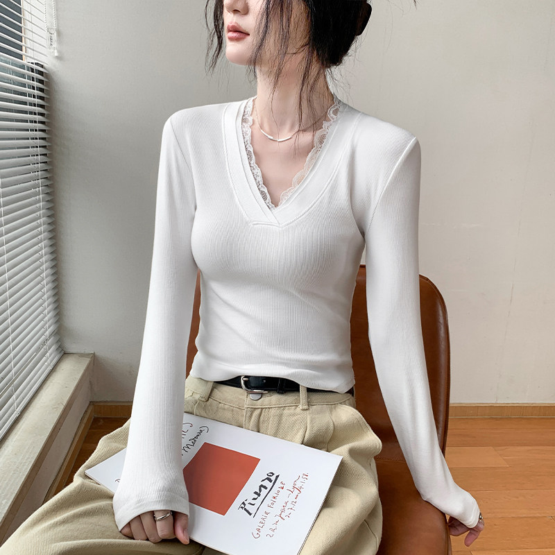 歌倍尚蕾丝边长袖t恤女