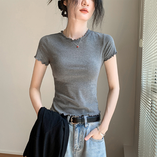 灰色短袖T恤女2026夏季修身显瘦木耳边正肩打底衫夏季简约上衣