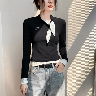 黑色假两件正肩长袖t恤女秋冬修身显瘦蝴蝶结领带波点内搭打底衫