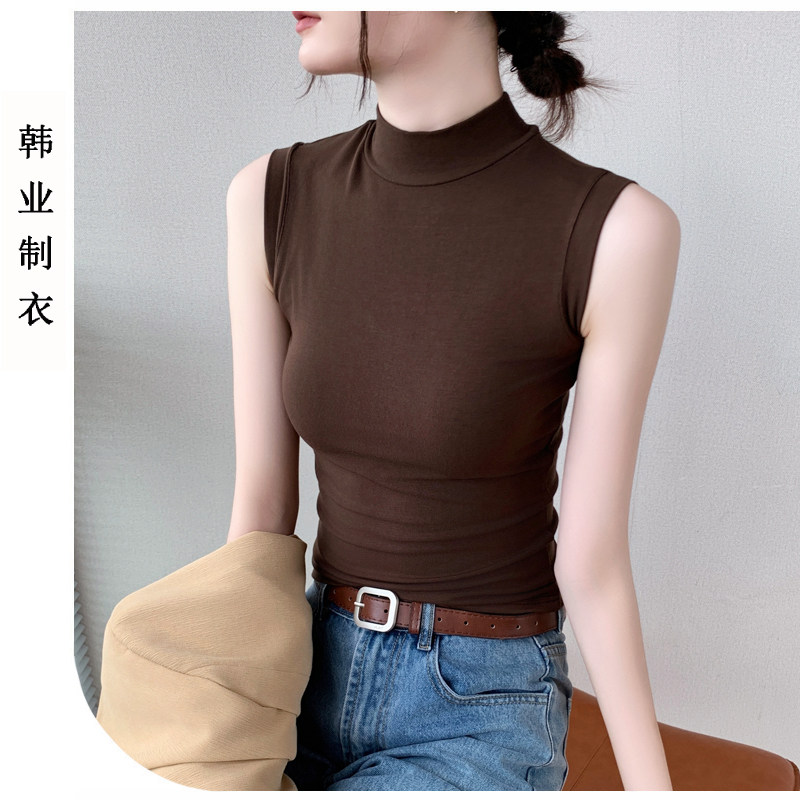 半高领修身正肩纯色无袖背心女
