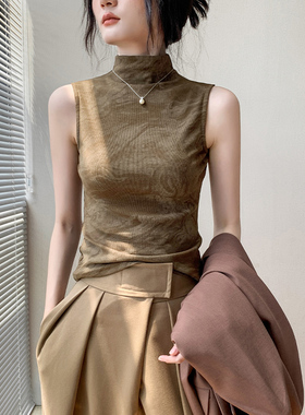 咖色高领吊带背心女2025早秋新款修身显瘦遮副乳坎肩内搭打底上衣