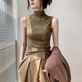 咖色高领吊带背心女2025早秋新款修身显瘦遮副乳坎肩内搭打底上衣