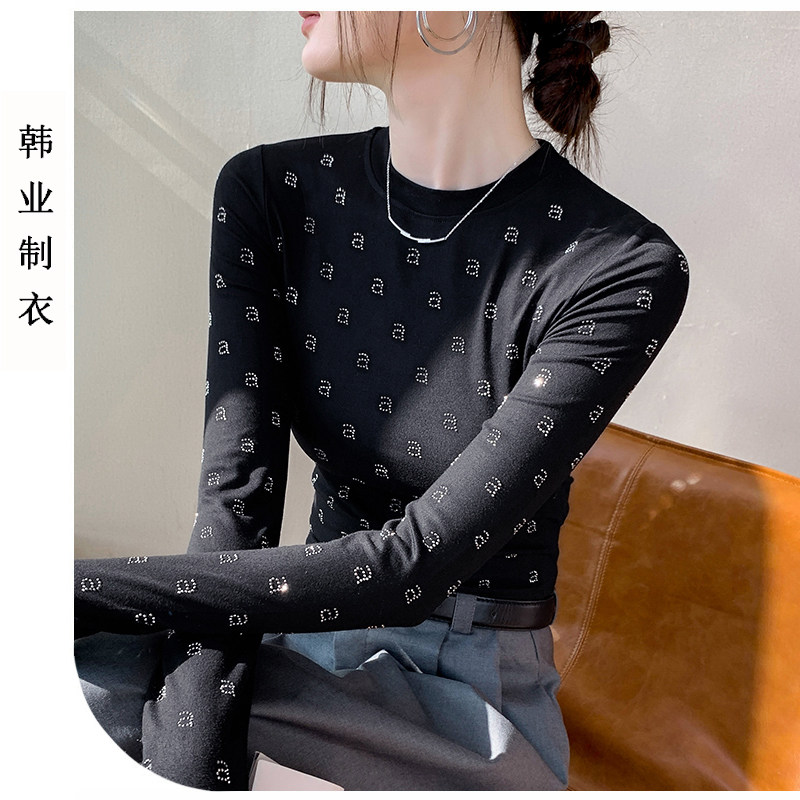 别致烫钻长袖t恤女2024春季新款内搭打底衫甜辣修身洋气短款上衣,女装/女士精品,T恤,淘宝优惠券,粉丝福利购,淘宝优惠卷