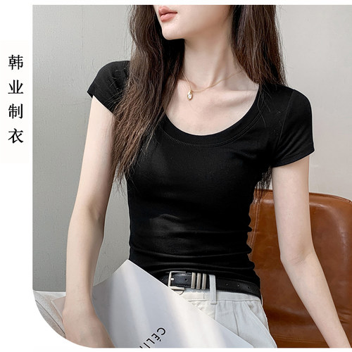 正肩短袖女显瘦t恤打底低领上衣