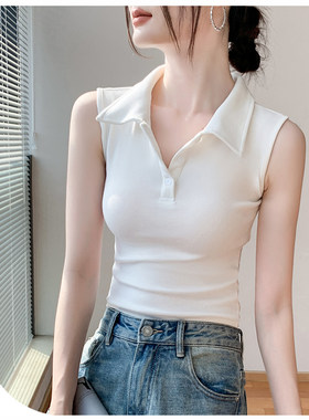法式无袖上衣女T恤辣POLO领薄款