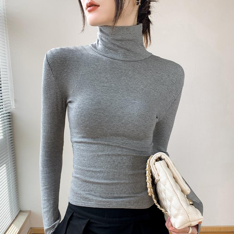 长袖T恤女高领磨毛灰色2025秋冬新款修身西装内搭纯色正肩打底衫