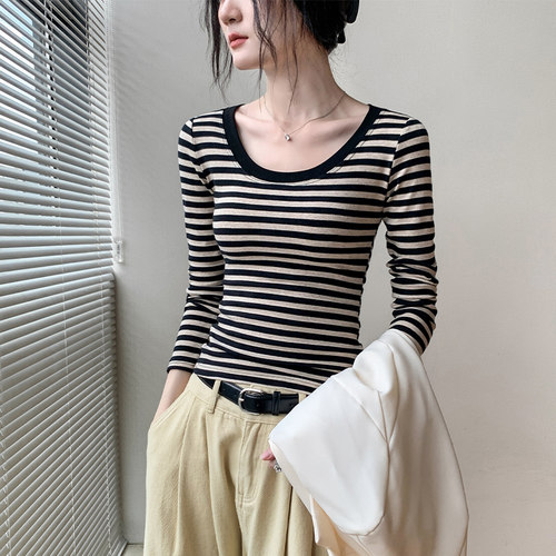 歌倍尚条纹长袖t恤女秋季