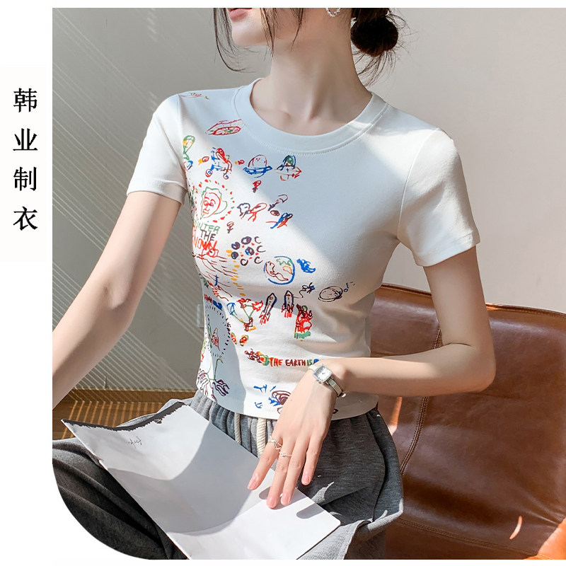 纯棉印花短袖女小众涂鸦薄款T恤