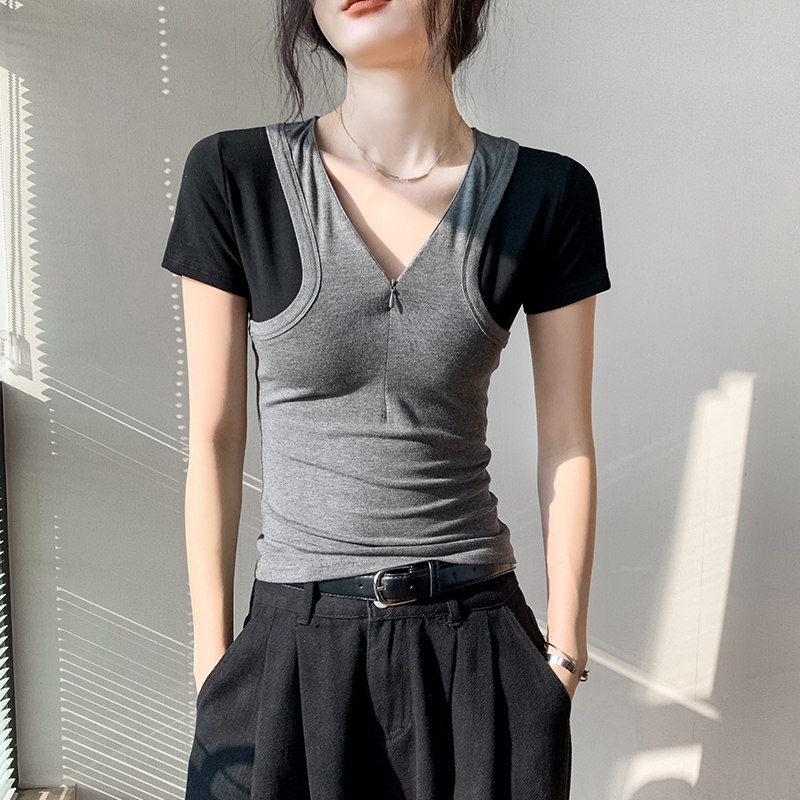 歌倍尚撞色短袖t恤女夏