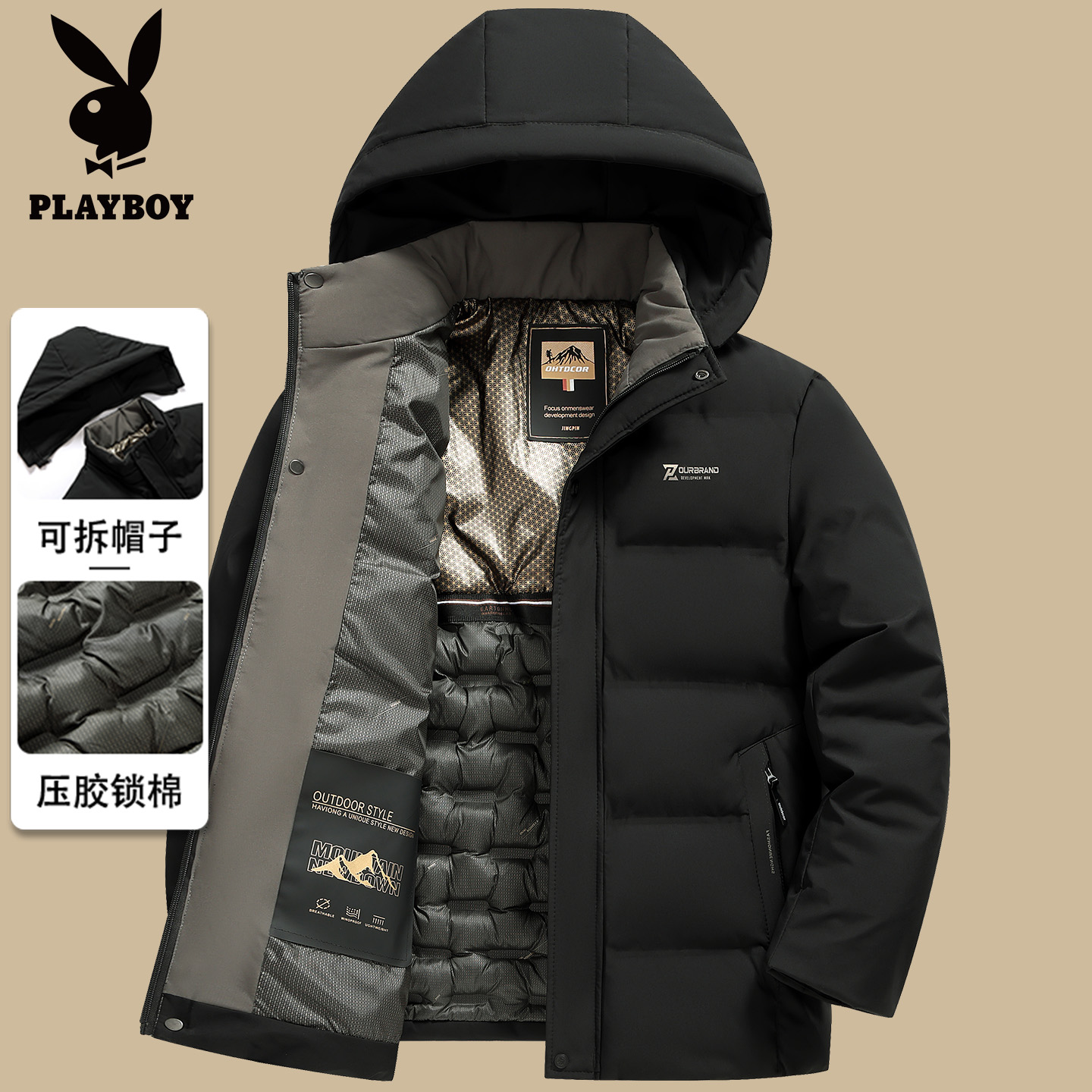 花花公子爸爸冬装棉衣外套中年羽绒棉服加厚连帽中老年男冬季棉袄