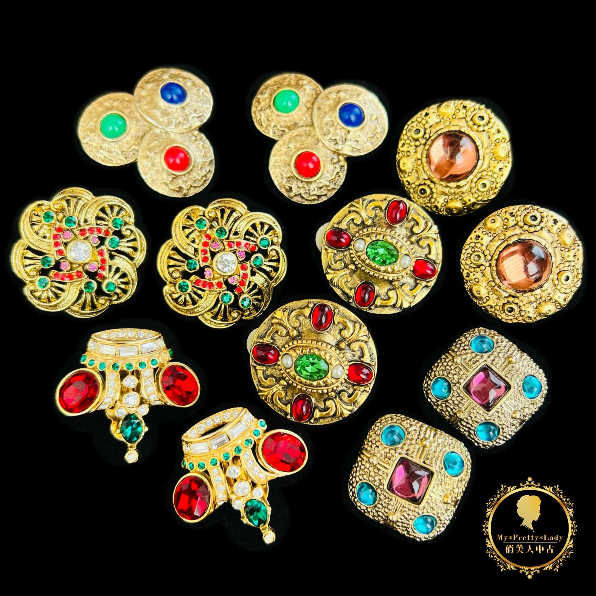 80年代vintage英国女王皇冠风重工莱茵石琉璃彩宝中古复古耳夹c1