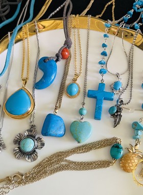 日本70年代天然绿松石镀金银花朵十字架中古项链耳针耳夹套装Y13