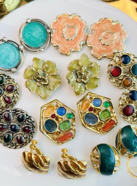 vintage中古耳夹80年代红绿蓝黑橙色珐琅经典日常通勤耳夹C1