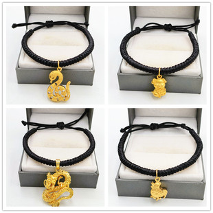 新款马年本命年沙金十二生肖手链男款手工黑绳转运珠手串国风饰品