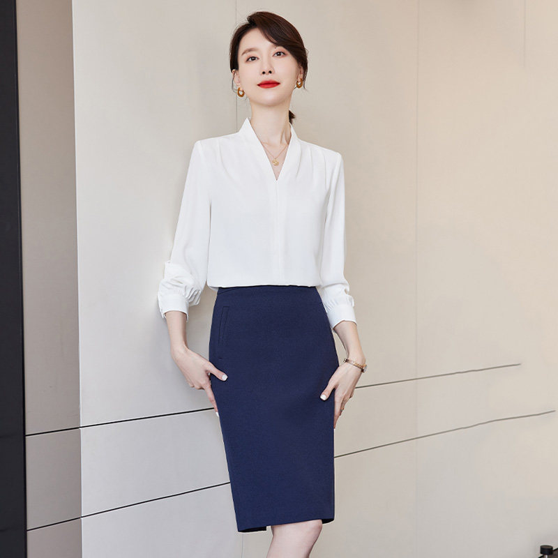 诗璐雅V领白衬衫女长袖西裙套装2026春秋时尚新款前台职业工作服