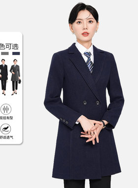 秋冬女毛呢外套工装气质职场珠宝店物业客服前台工作服黑色呢大衣