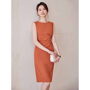 诗璐雅通勤气质无袖连衣裙焦糖色收腰内搭职业中长款包臀裙春款女