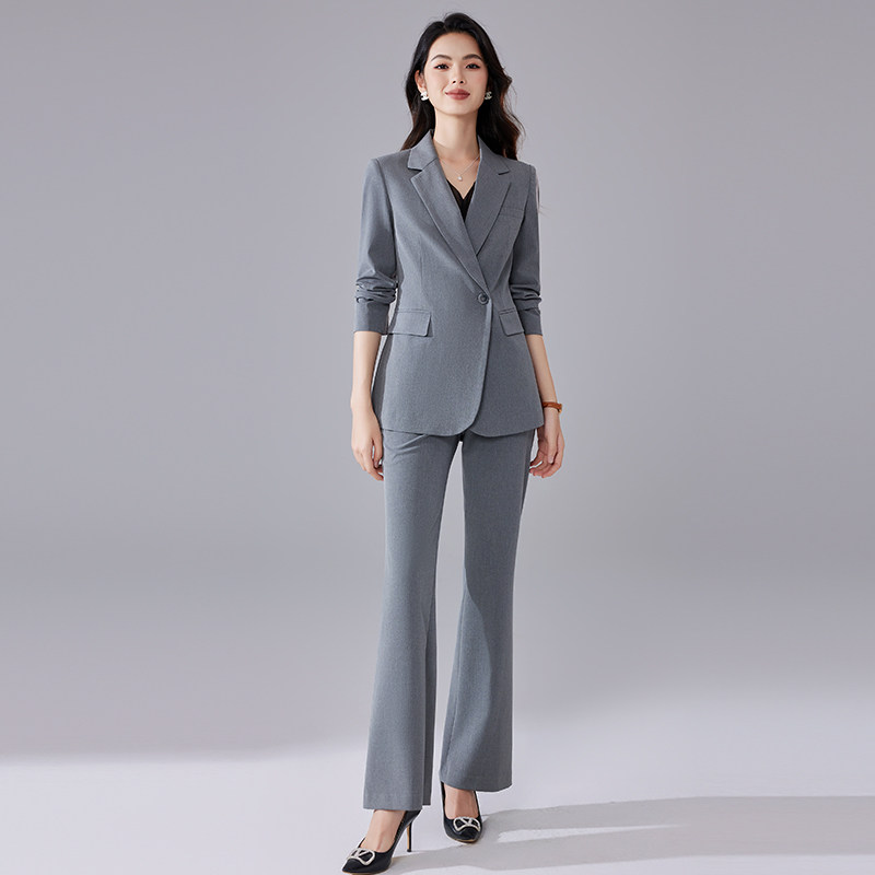 诗璐雅新款职业装气质女神范西装套装灰色高级感微喇裤商务西服秋