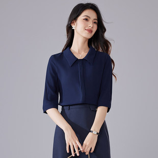 诗璐雅藏青色方领法式衬衫女中袖高级感衬衣气质通勤雪纺上衣夏季